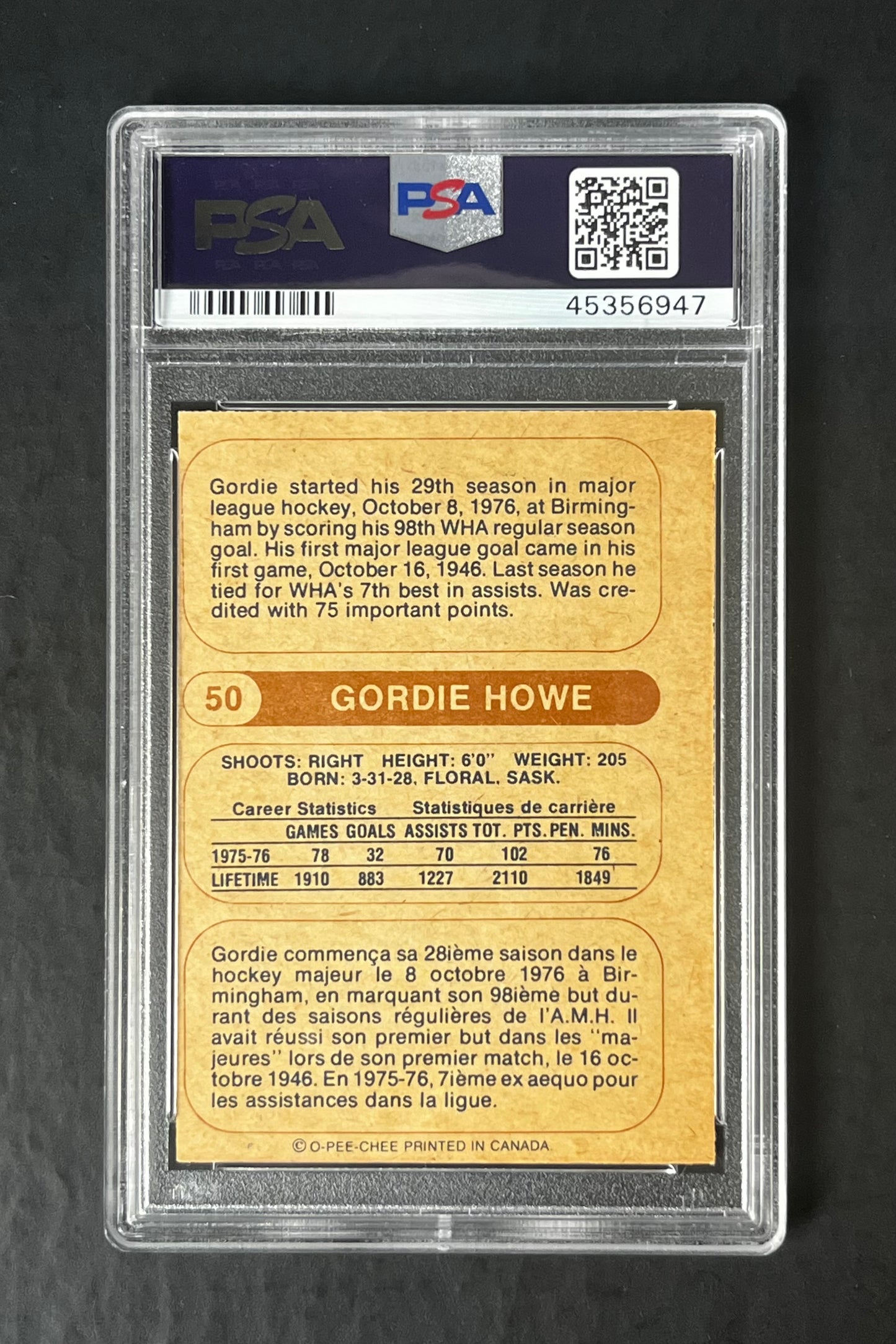 1976 O PEE CHEE WHA #50 Gordie Howe In Person Auto PSA