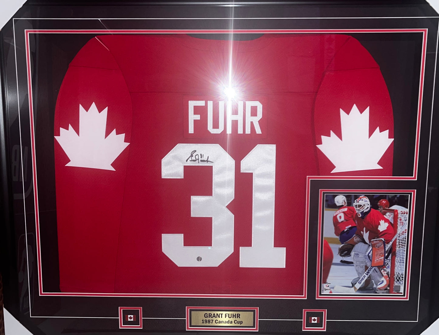 Grant Fuhr Signed Framed Canada Cup 87 Red Jersey
