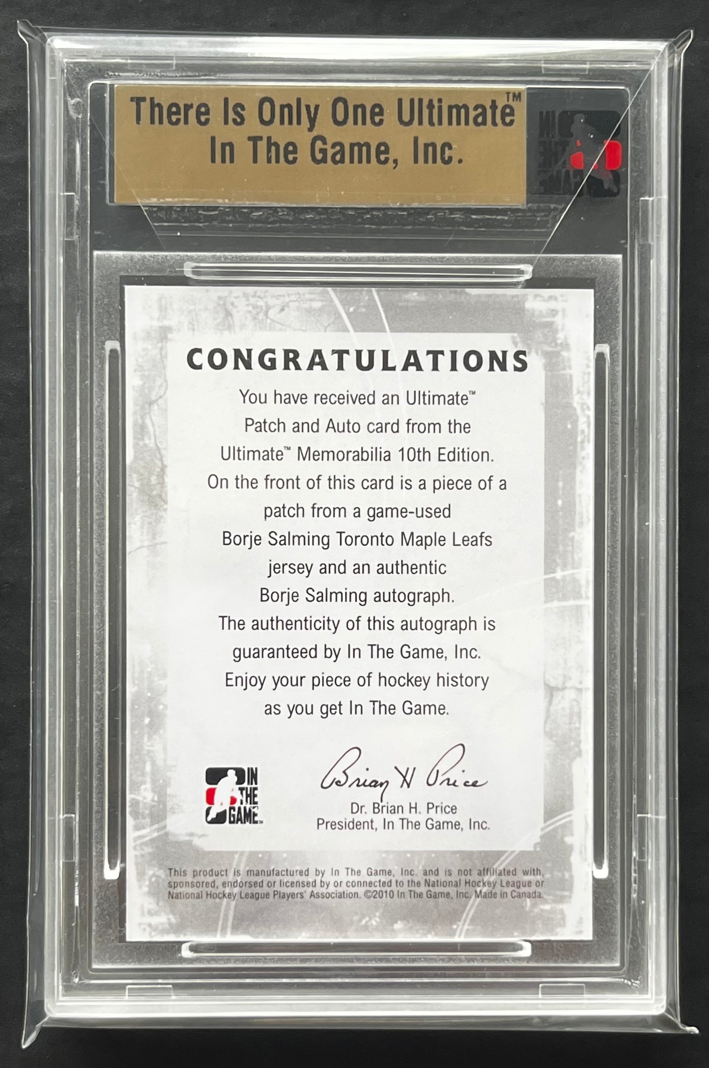 2010 IN THE GAME ULTIMATE MEMORABILIA BORJE SALMING SILVER PATCH AUTO /9