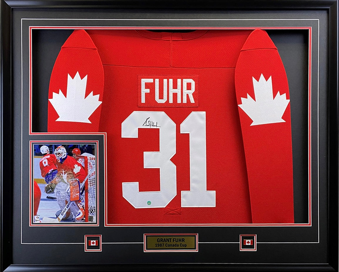 Grant Fuhr Signed Framed Canada Cup 87 Red Jersey