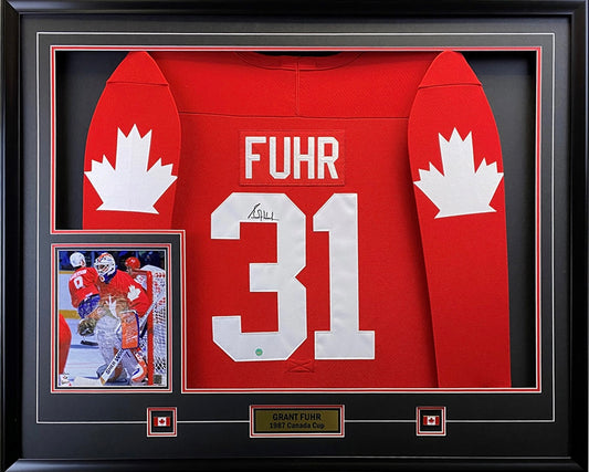 Grant Fuhr Signed Framed Canada Cup 87 Red Jersey