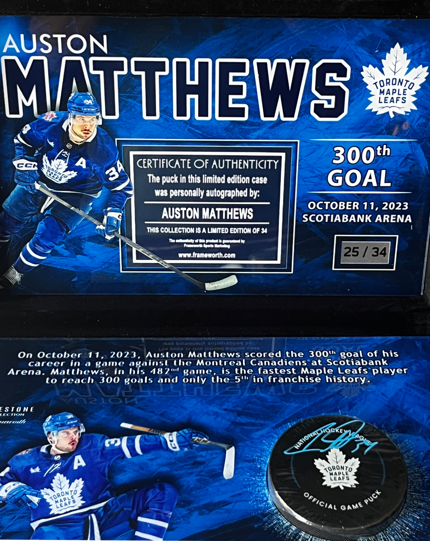 Auston Matthews Autographed Official Game Puck In Deluxe Case 300th Goal