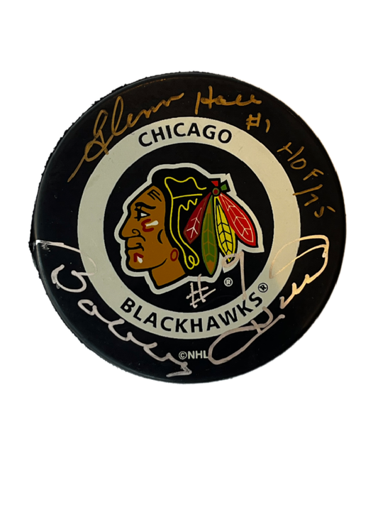 Bobby Hall & Glenn Hall Autographed Chicago BlackHawks Puck