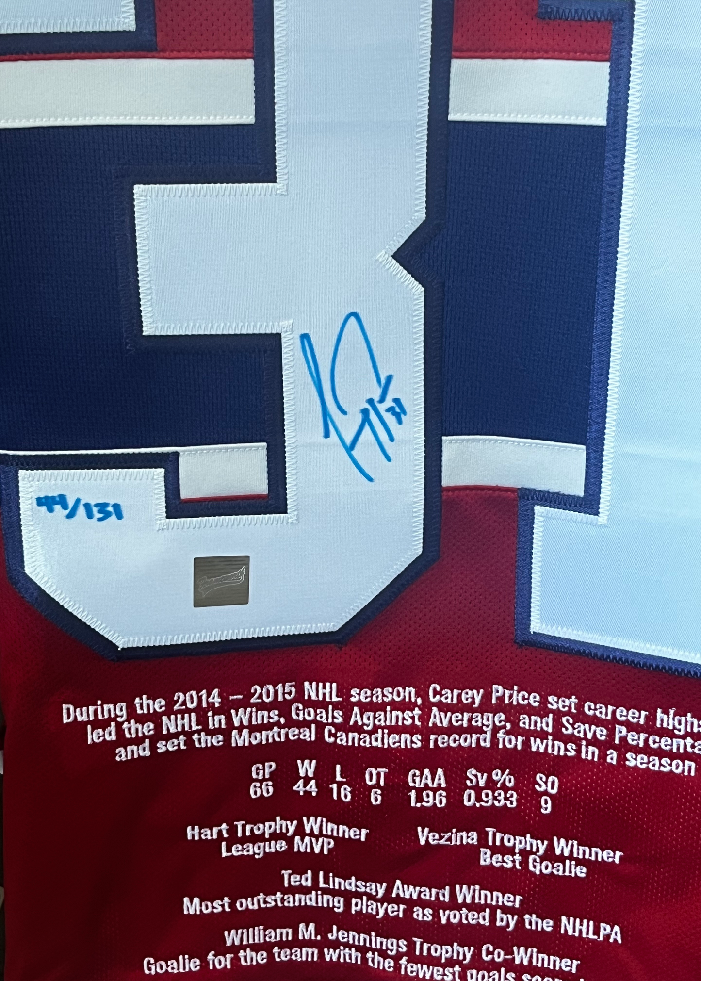 Carey Price Autographed & Embroidered Red Montreal Canadiens Jersey