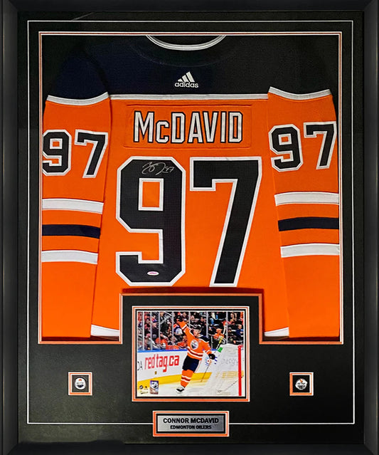 Connor McDavid Signed Framed Jersey Oilers Adidas Orange Upper Deck