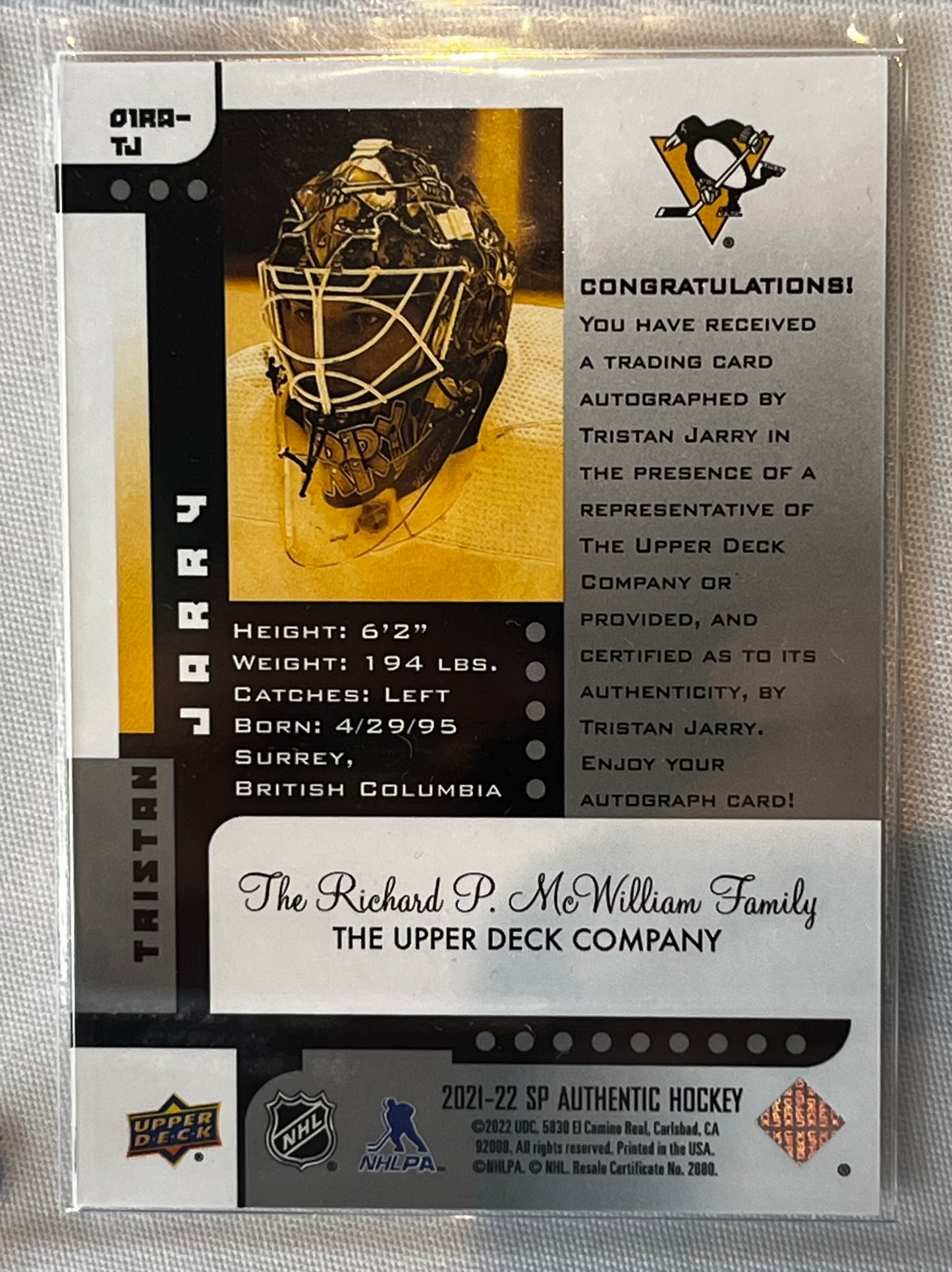 Tristan Jarry Signed Reverse Retro Puck And Signed Card