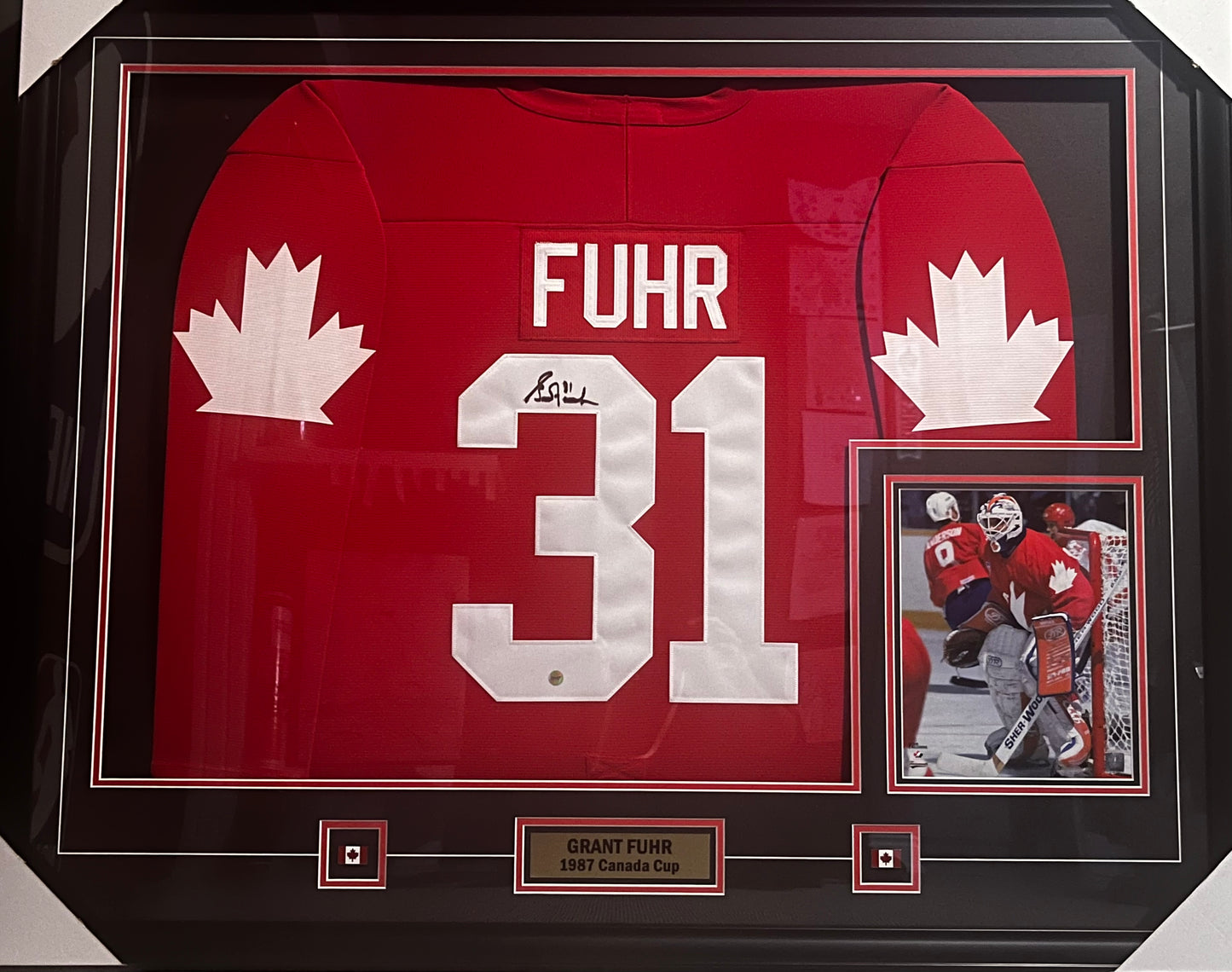Grant Fuhr Signed Framed Canada Cup 87 Red Jersey