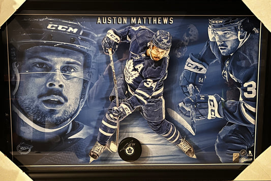 Auston Matthews Signed Photo Glass Framed Toronto Maple Leafs Puck