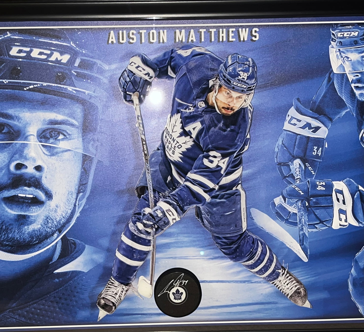 Auston Matthews Signed Photo Glass Framed Toronto Maple Leafs Puck