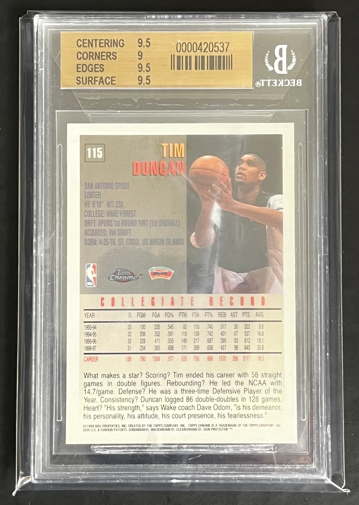 Tim Duncan Graded 1997-98 Topps Chrome Rookie Card BGS 9.5 Gem Mint