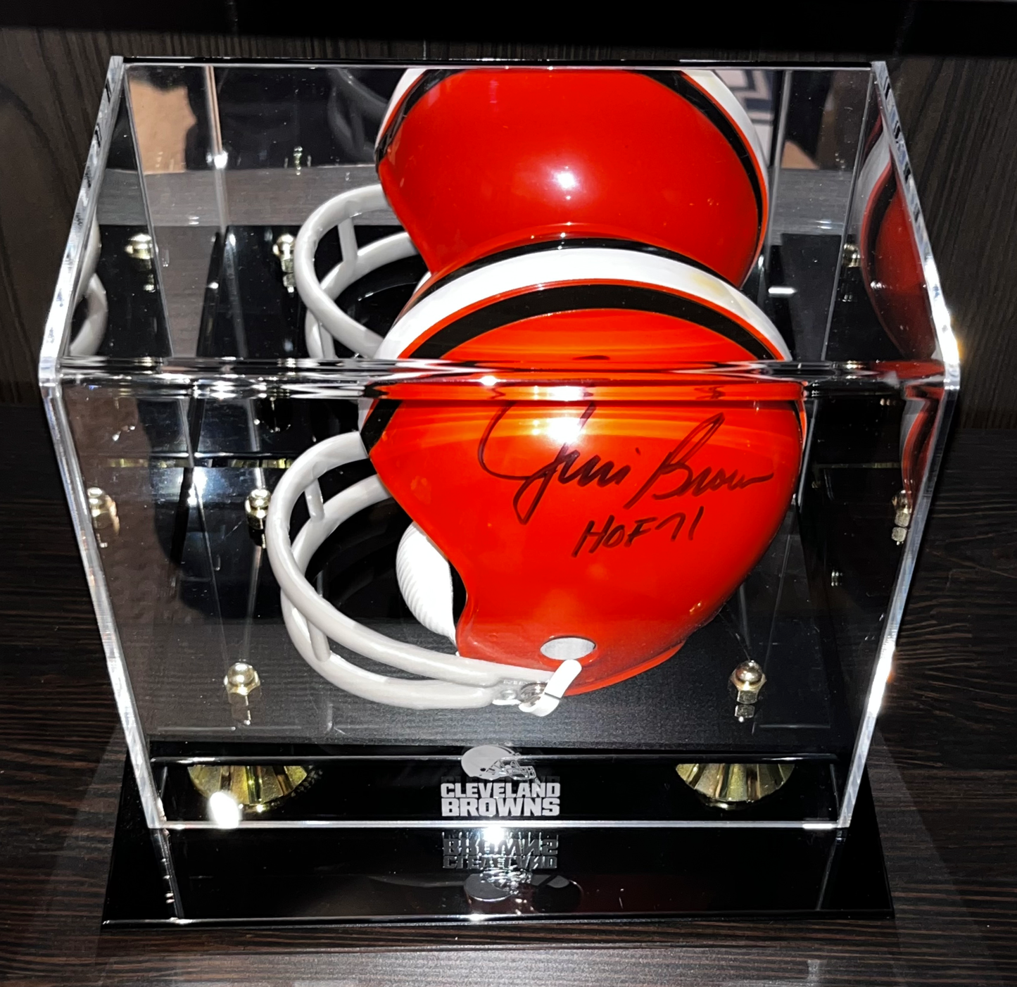 Jim Brown Autographed Riddell Mini Helmet, NFL Cleveland Browns With Display Case