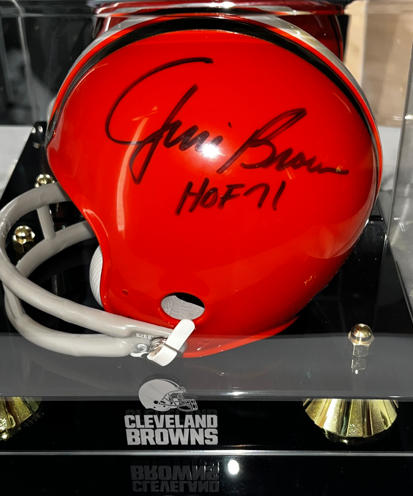 Jim Brown Autographed Riddell Mini Helmet, NFL Cleveland Browns With Display Case