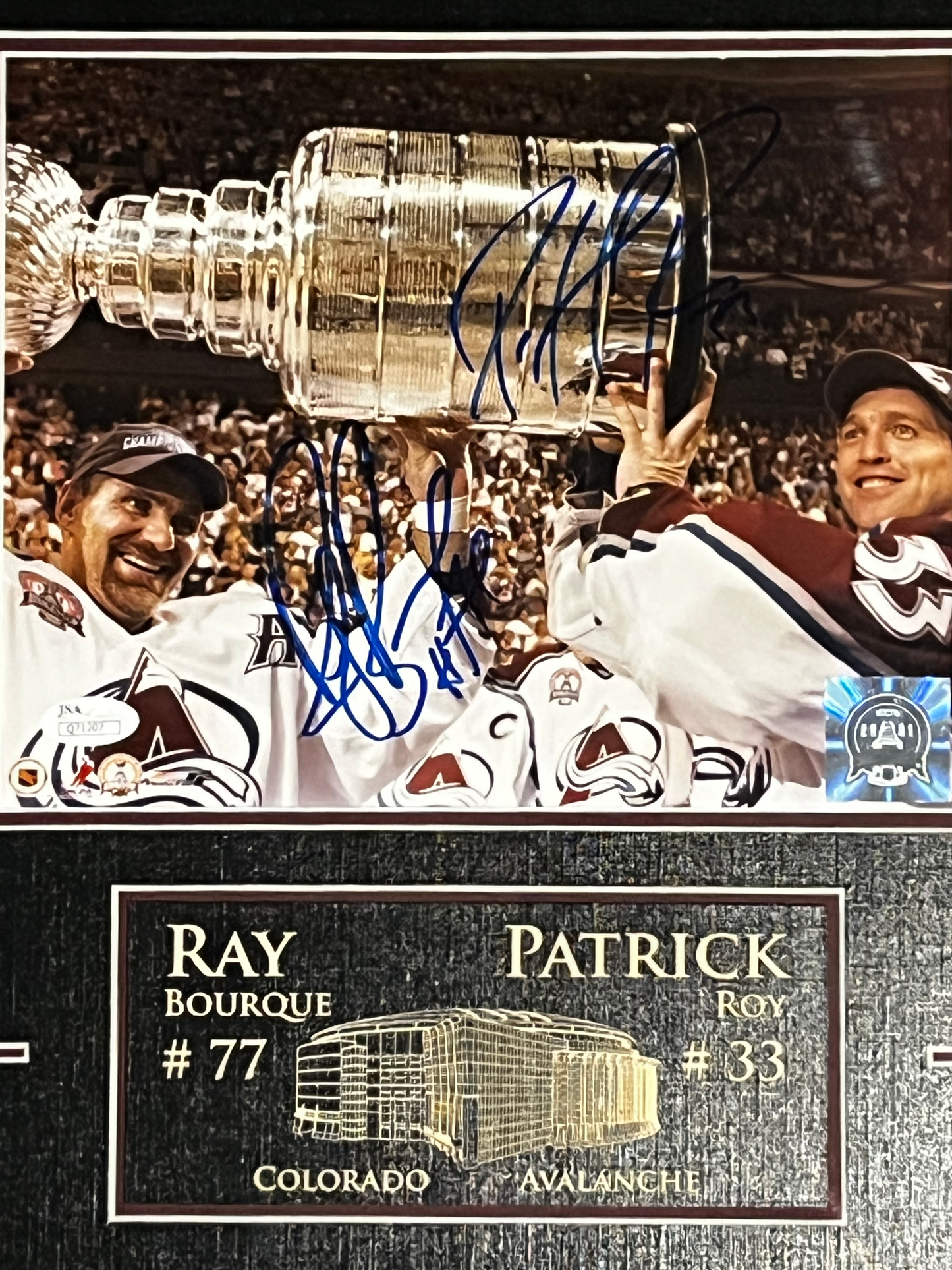Patrick Roy & Ray Bourque Dual Autographed Framed 8x10