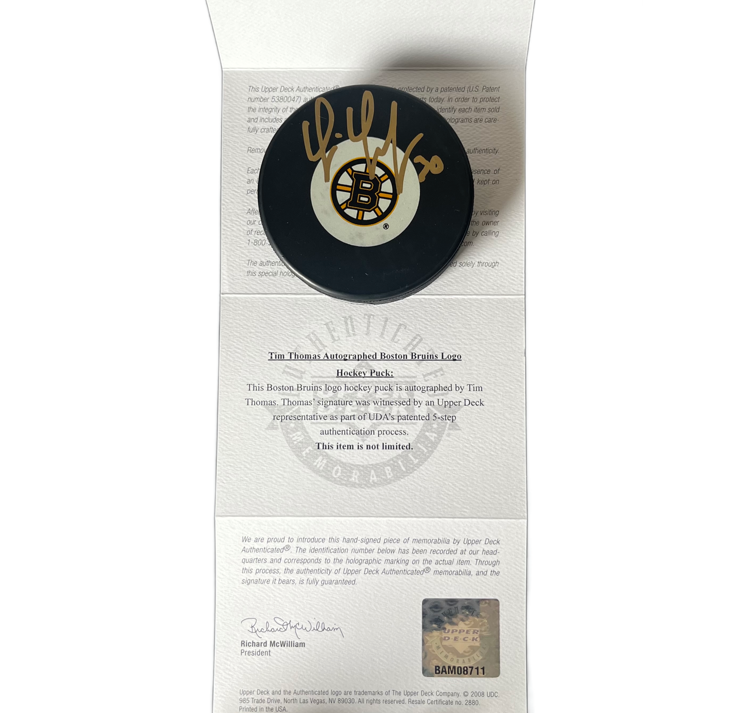 Tim Thomas Signed Boston Bruins Hockey Puck In Display Case LE /50
