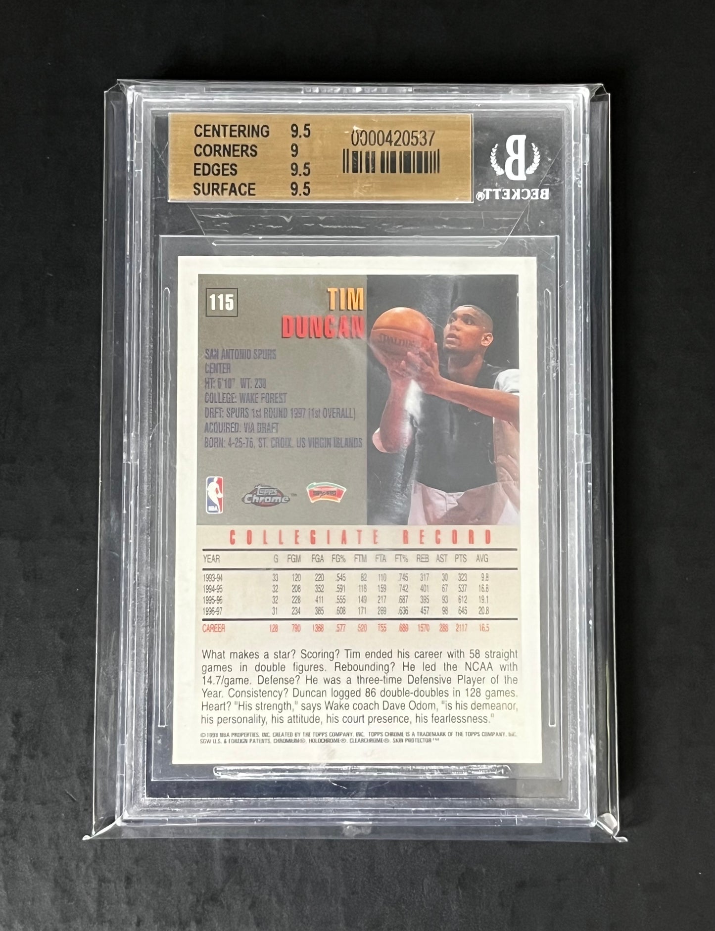 Tim Duncan Graded 1997-98 Topps Chrome Rookie Card BGS 9.5 Gem Mint